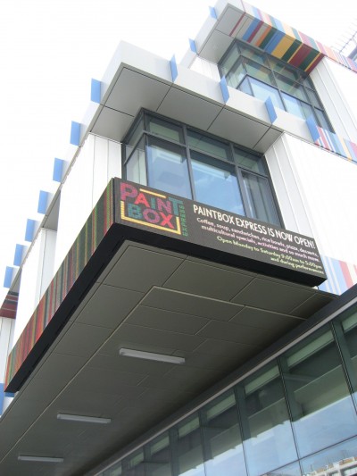 Trans-Lux Canada provided the full-colour LED reader board that wraps around the northeast corner of the building, close the main entrance, to display messages and announce events. Photo by Peter Saunders