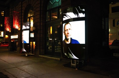 The flexible screens showcased the Skyfall trailer and a new Bond-themed cologne.