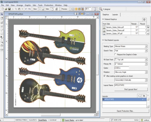 With true shape nesting, the configuration of graphics is optimized to reduce waste.