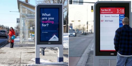 Photo courtesy Pattison Outdoor Advertising Pattison Outdoor has expanded its advertising reach in Calgary, Alta., with new Bus Rapid Transit (BRT) passenger displays (left). The ‘Next Bus Arrival’ feature provides MAX Transit riders with up-to-the-minute information (right).