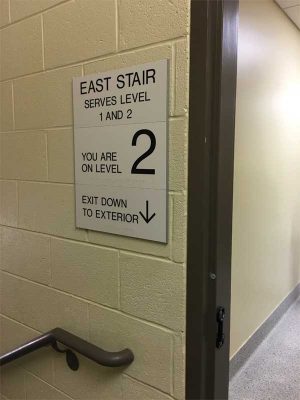 Photo courtesy Clarke Systems Signs provide users with the clarity, reassurance, and controlled messaging necessary to make navigational selections.