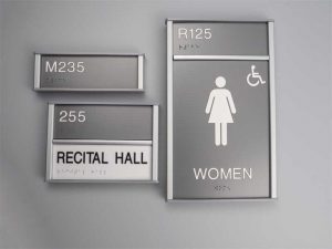 Photo courtesy Clarke Systems Today’s signmakers tend to create their own enhancements using designs indicative of a company’s brand, which allows signage systems to become a unifying element.