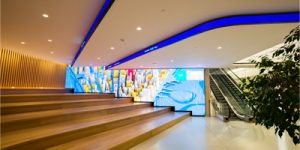 Montreal-based Float4 has installed a large light-emitting diode (LED) lobby wall and ribbons to New York City’s 28 Liberty building.