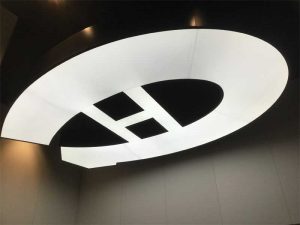The custom-designed and fabricated interior Canadiens light fixture that compliments the exterior branding is installed. The custom-designed and fabricated interior Canadiens light fixture that compliments the exterior branding is installed.