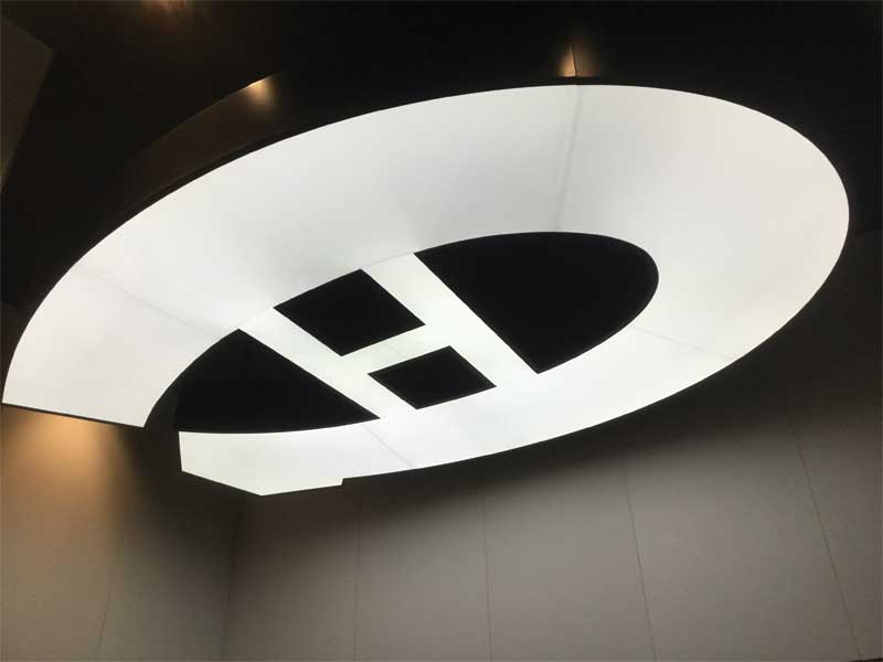 The custom-designed and fabricated interior Canadiens light fixture that compliments the exterior branding is installed. The custom-designed and fabricated interior Canadiens light fixture that compliments the exterior branding is installed.