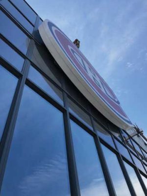 The custom-designed and fabricated interior Canadiens light fixture that compliments the exterior branding is installed. The custom-designed and fabricated interior Canadiens light fixture that compliments the exterior branding is installed.