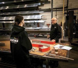 The design is reviewed internally at the production level followed by preliminary fabrication on the sign’s skeletal framework. The design is reviewed internally at the production level followed by preliminary fabrication on the sign’s skeletal framework.