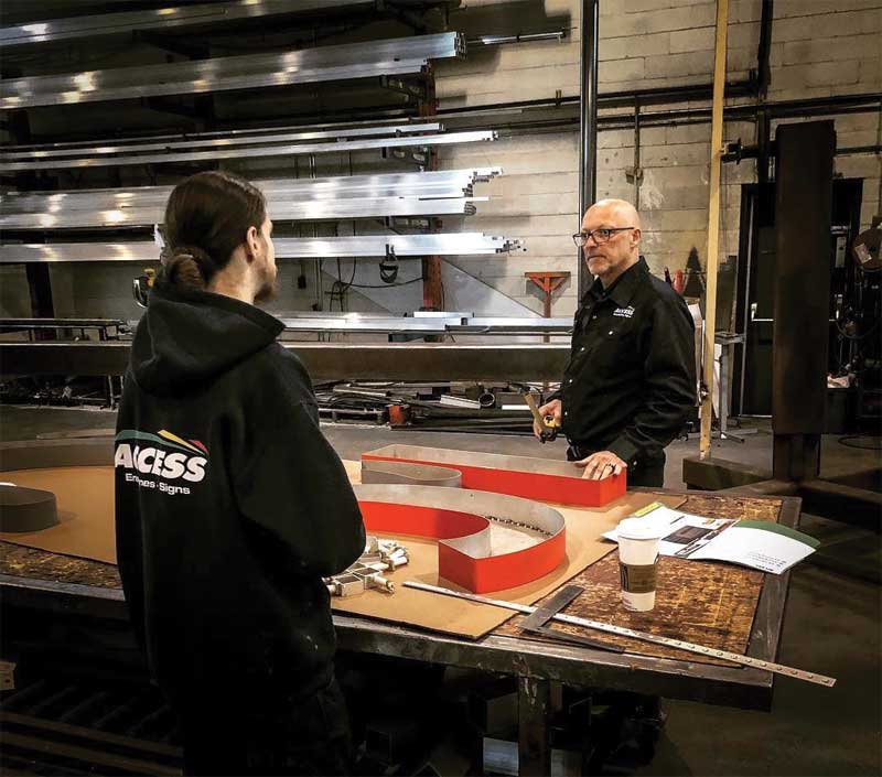 The design is reviewed internally at the production level followed by preliminary fabrication on the sign’s skeletal framework. The design is reviewed internally at the production level followed by preliminary fabrication on the sign’s skeletal framework.