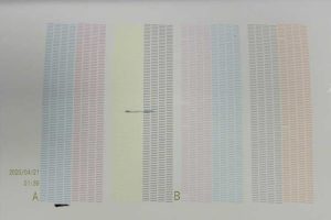 Photo courtesy Roland DGA The black streak in the printed image indicates there is dust or debris collected at the bottom of the printhead that needs to be removed with a foam-tipped swab.