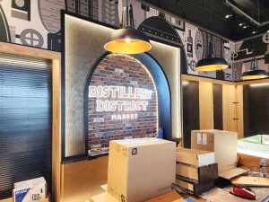 A faux neon tube sign inside Distillery District Market.