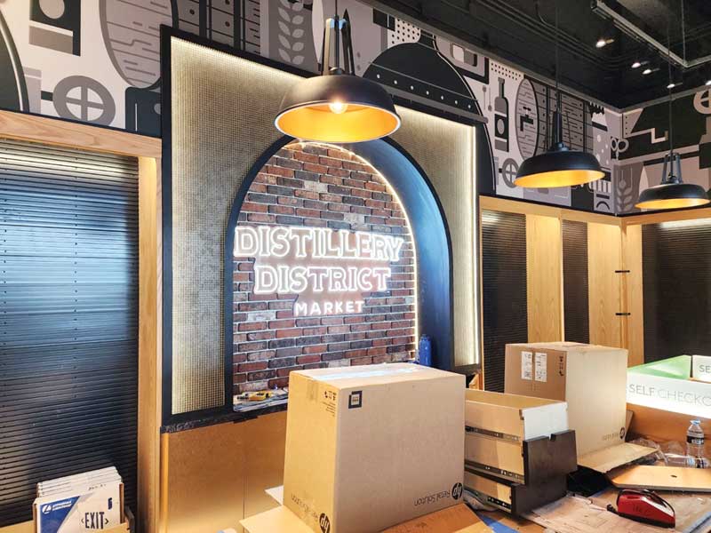 A faux neon tube sign inside Distillery District Market.