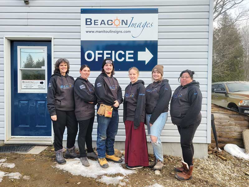 The Beacon Images/Manitoulin Signs team includes (pictured) Julie Pearson, Hannah Harms, Phill DeBruin, Kathy Lynn Albrecht, Sara MacOdrum, and April Recollet.