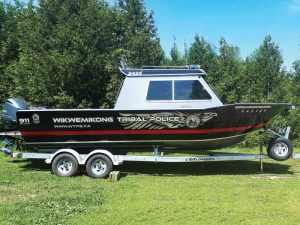 A wrapped police boat.