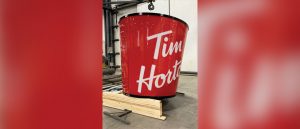 Conversion of a KFC bucket sign to a Tim Hortons coffee cup.