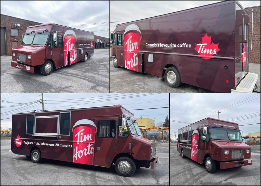 A collage of a Tim Hortons' truck wrapped.