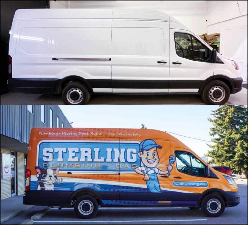 A collage with the white van (pre-wrap) on top and the van after the wrap installation.