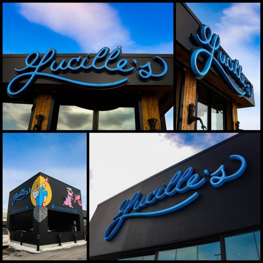 A collage of several sign elements at Lucille’s restaurant in Laval