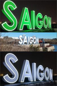 A collage of the SAIGON channel letters in the day and night.
