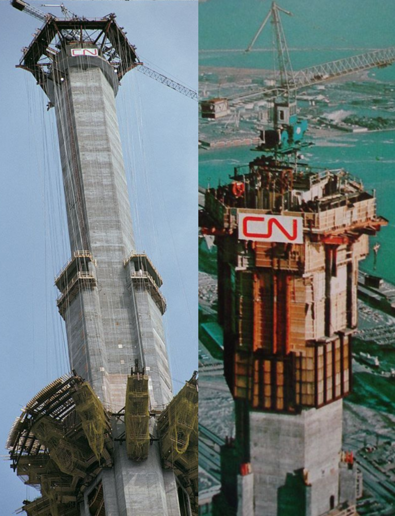 A collage of the CN tower logo signs being installed.