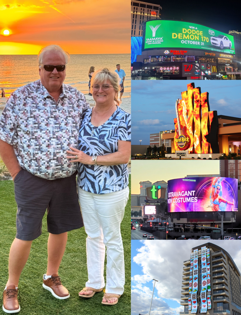 A collage of Keith and his wife, along with several signs he's worked on.