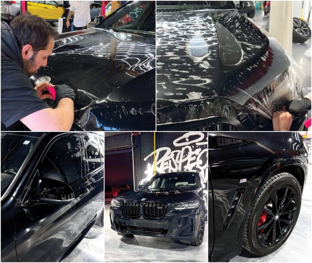 A collage of different stages of the car being wrapped by Mostafa.