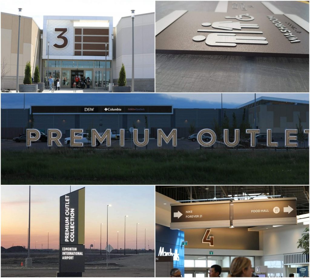 A collage of different types of signs for the premium outlet project.