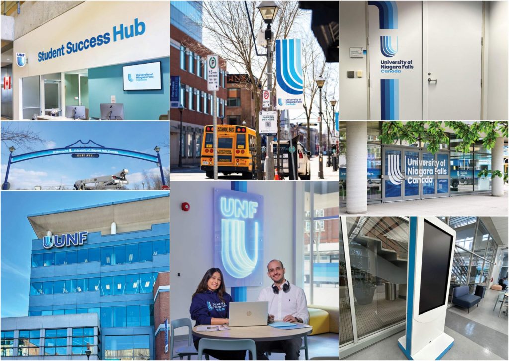A collage of the several types of signage made for the university, both interior and exterior.