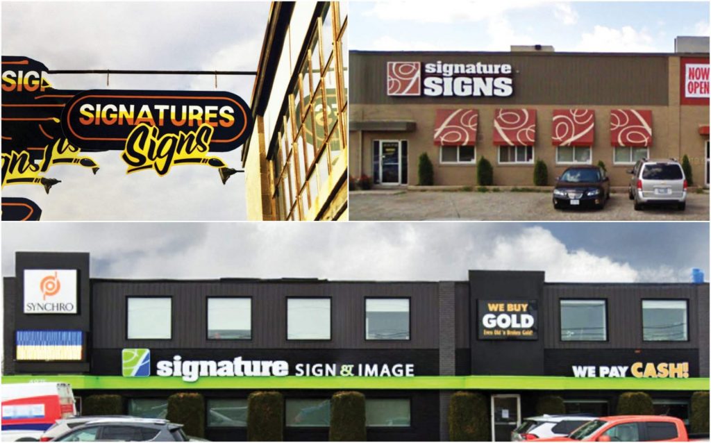 A collage of the three signs wit three different names and themes.