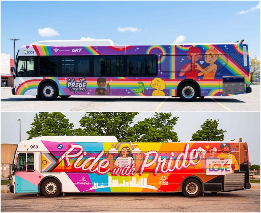 A collage of both bus wraps.