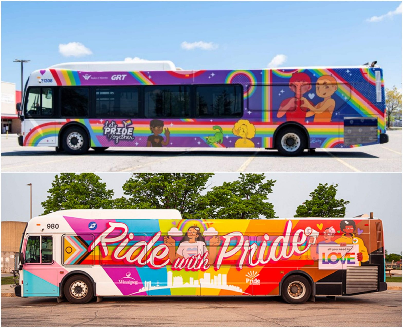 A collage of both bus wraps.