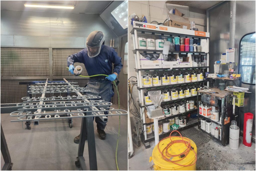 A collage of a Minoh employee at work, painting.