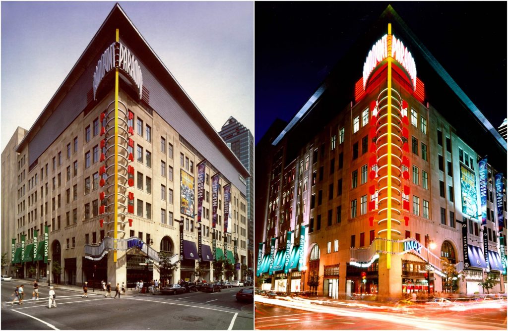 A collage of the sign at day and night.