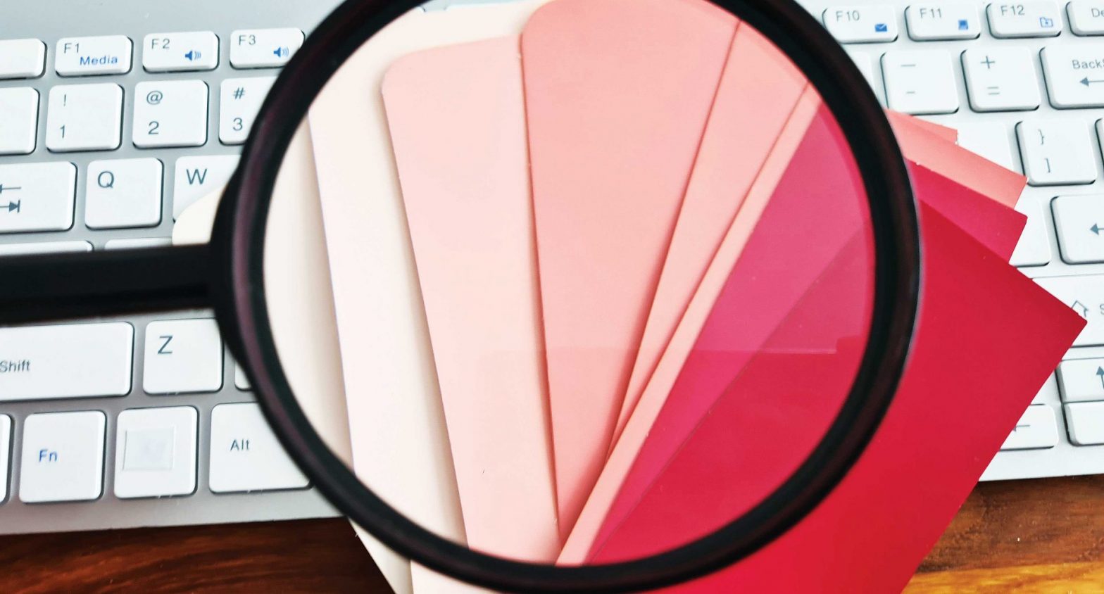 A magnifying glass over shades of pink.