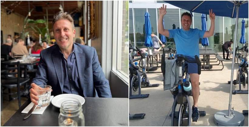 A collage of Boris, one sitting at a table, the other with him on a stationary bike.