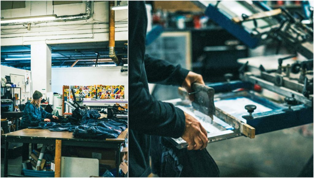 A collage of two Peace and Cotton employees at work on textile printing.