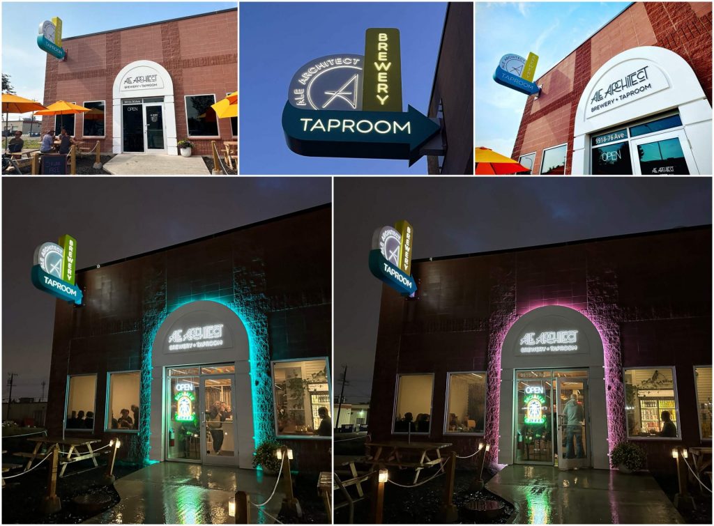 A collage of the signs from different angles and with different halo effects.