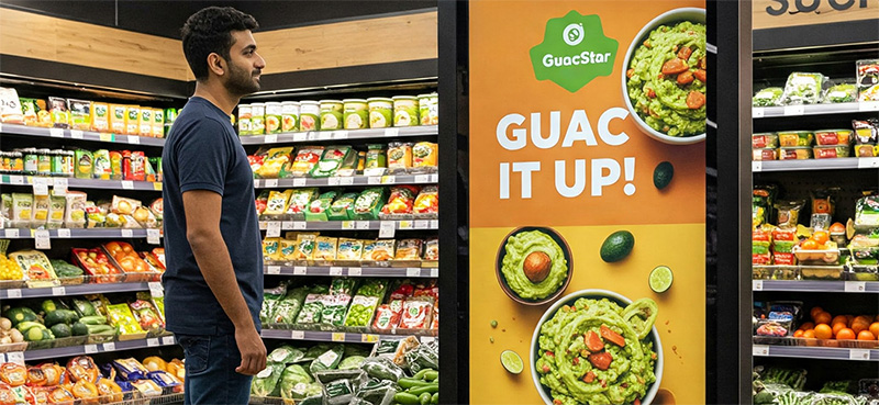 A customer stands next to a digital sign with an ad displayed.