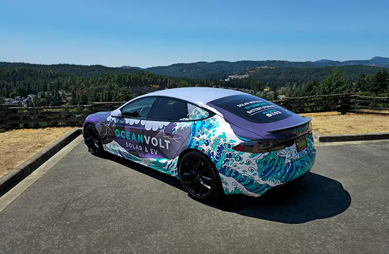 The wrapped car parked.