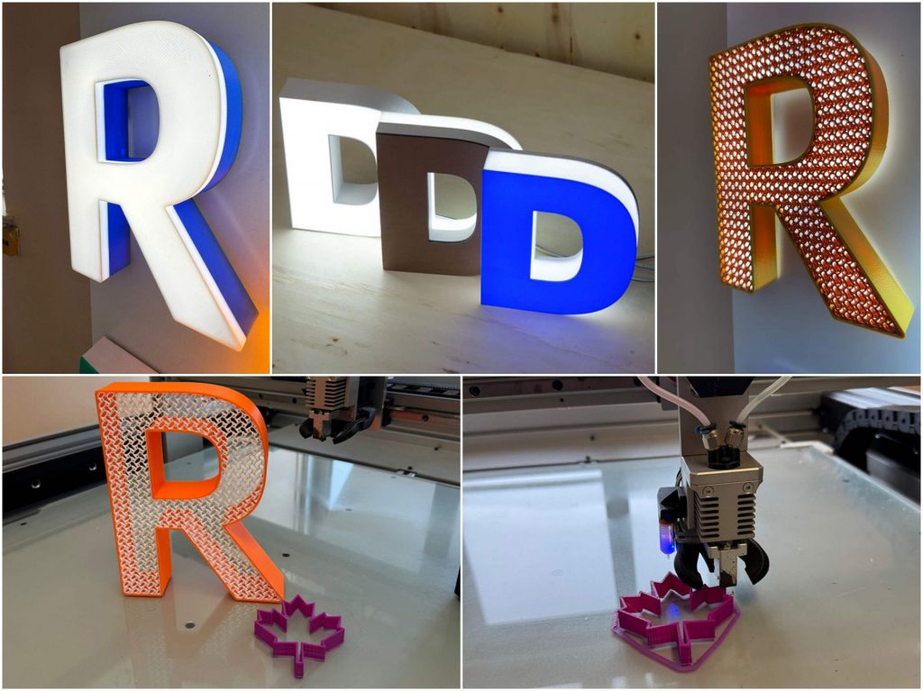A collage of channel letters and a maple leaf printed using a 3D printer. 
