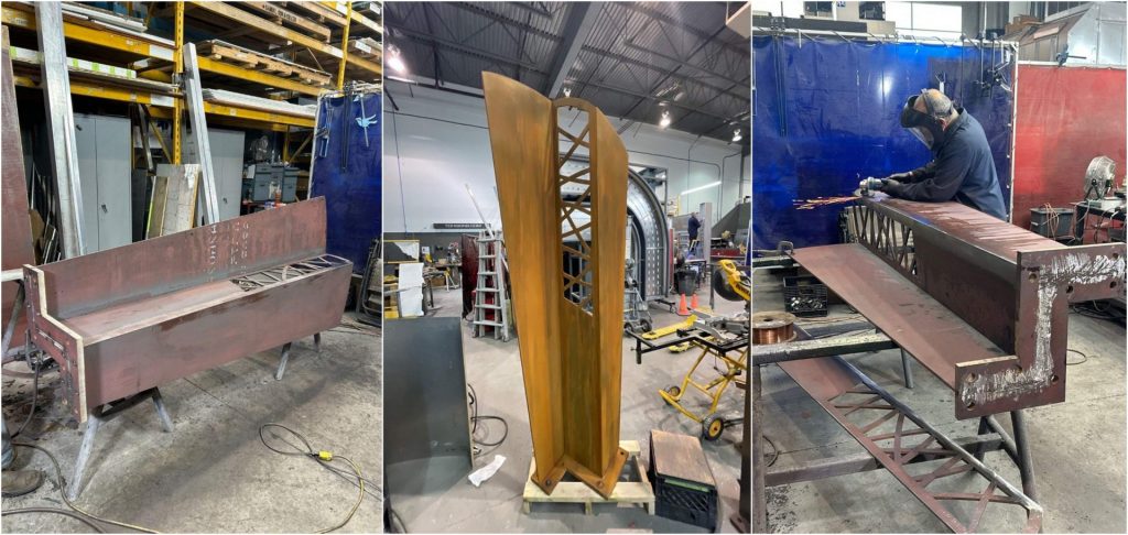 A collage of the steel being used to make the signs. Signs in this collage are in production.