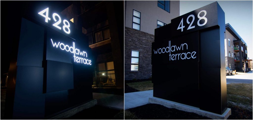 A collage of the sign: On the left it is shown lit up at night, on the right, it is the sign in daytime.