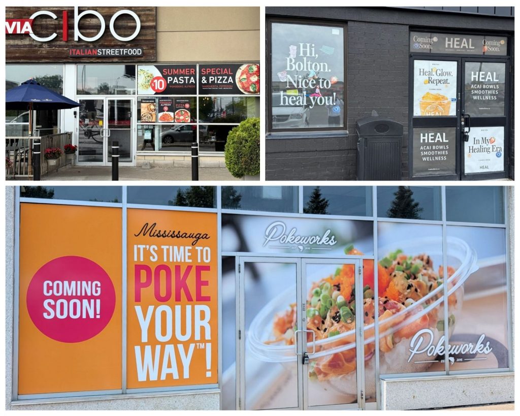 A collage of the Pokeworks Mississauga window and wall graphics. 