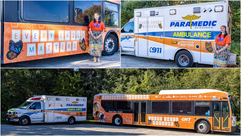 A collage of the bus and ambulance wraps alongside the artist.  