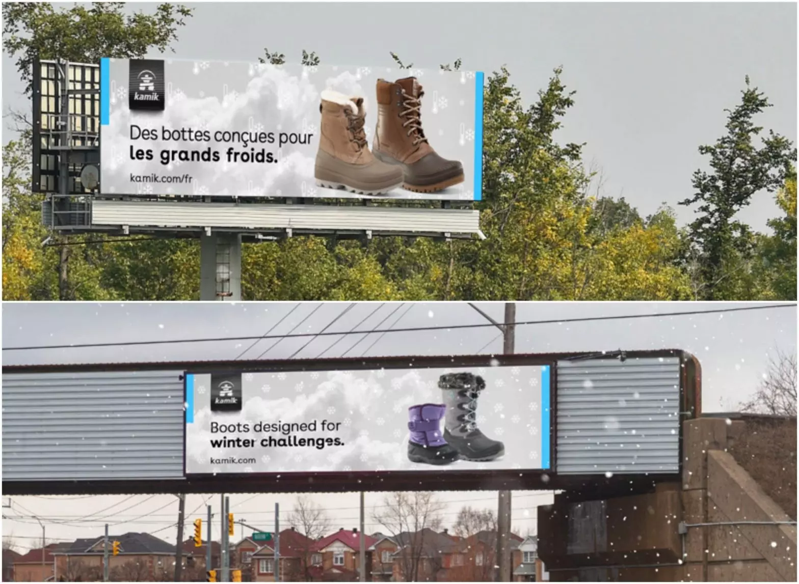 A collage of a Kamik ad activation on billboards.