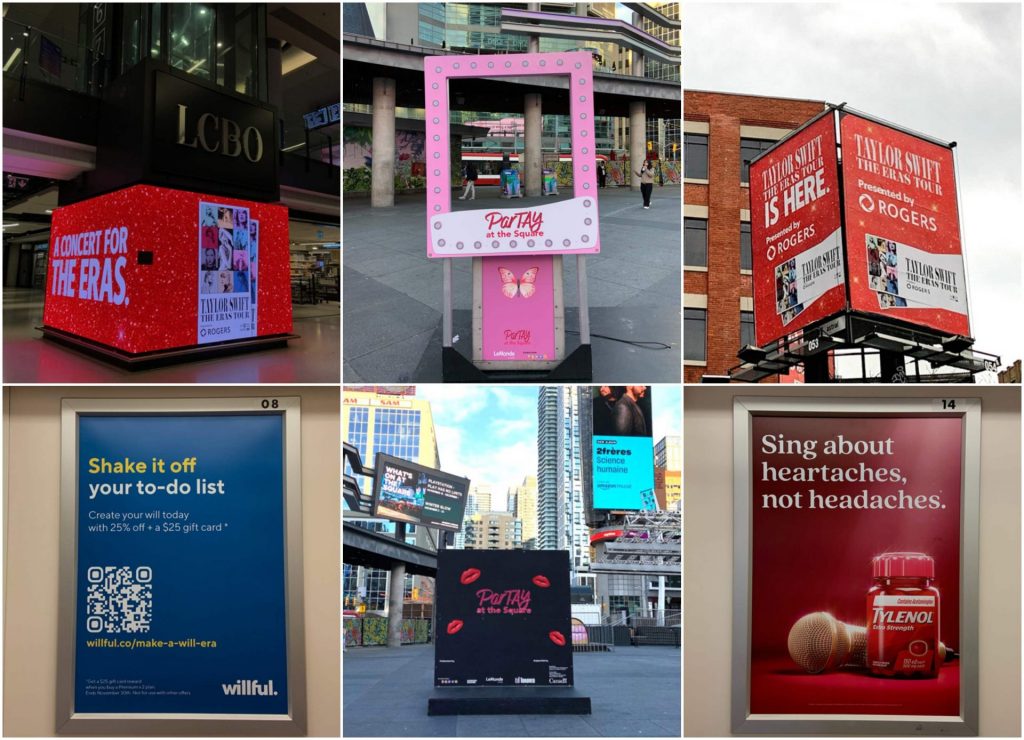 A collage of the major ad campaigns that ran during Taylor Swift's Eras Tour. 