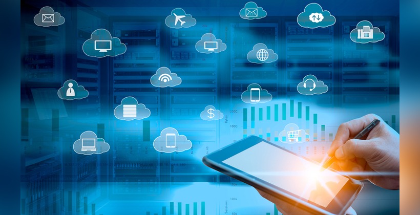 Stock image of a person using a mobile device with Cloud elements.