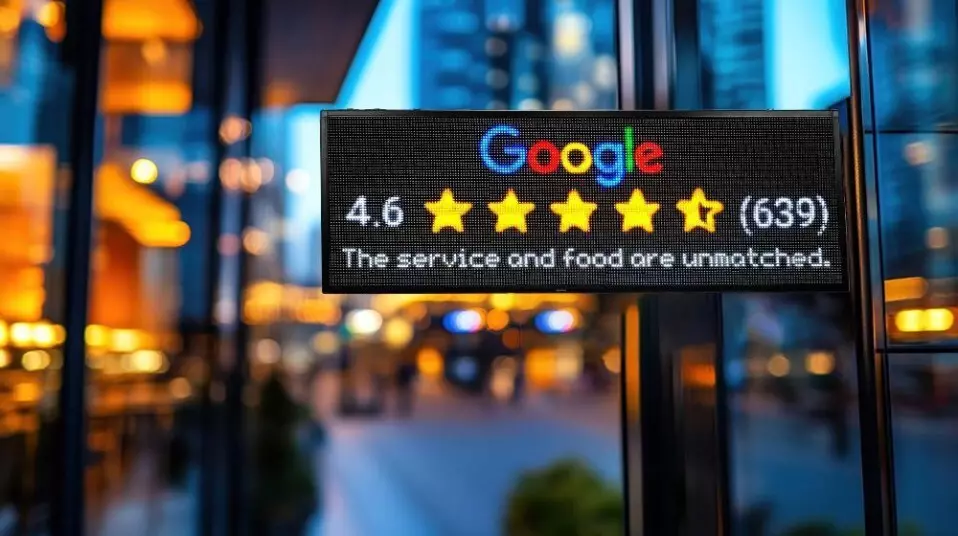 A Google review displayed on the digital sign.