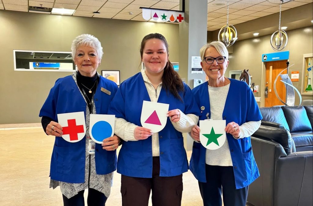 Hospital staff hold the colour-coded signs.
