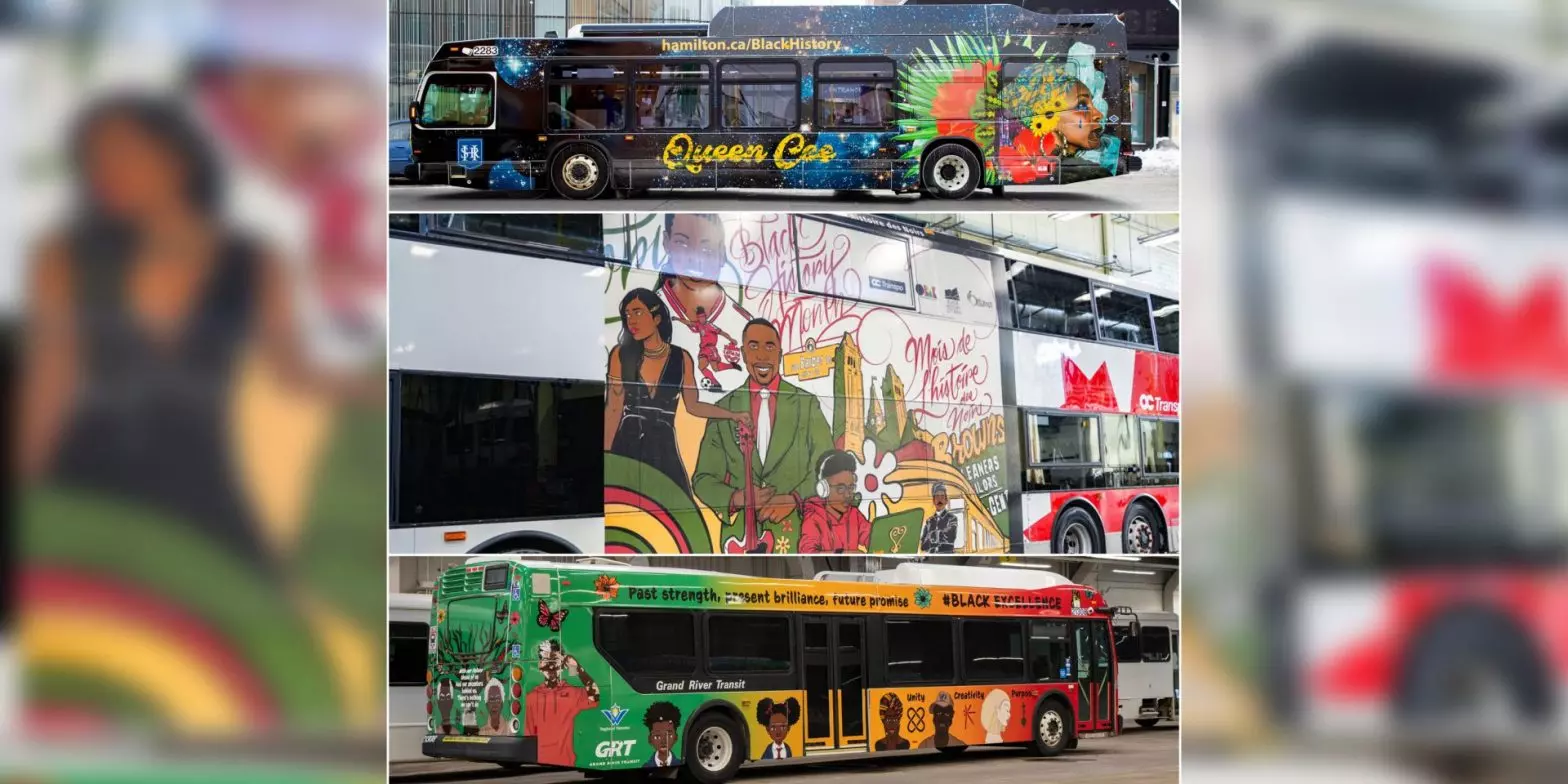 A collage of all three bus wraps.
