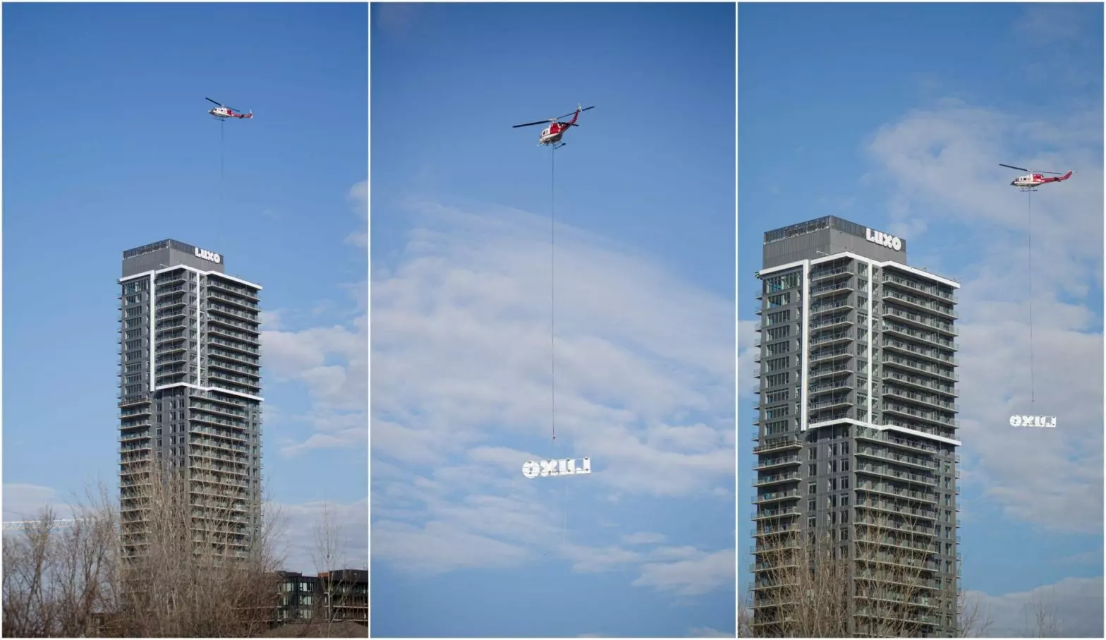 Various shots in a collage of the helicopter carrying the sign to the top of the building.